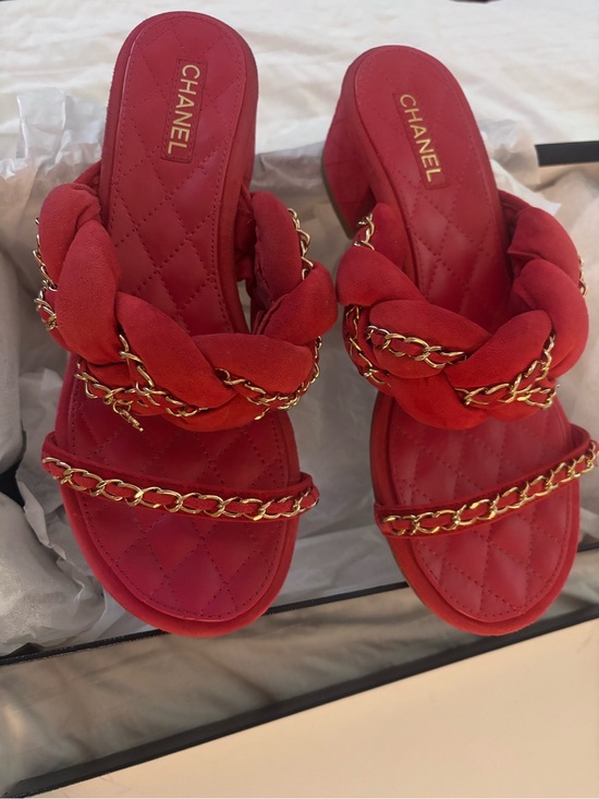 CHANEL Shoes - CHANEL Red Quilted Slide Mules with Gold Chain Trim